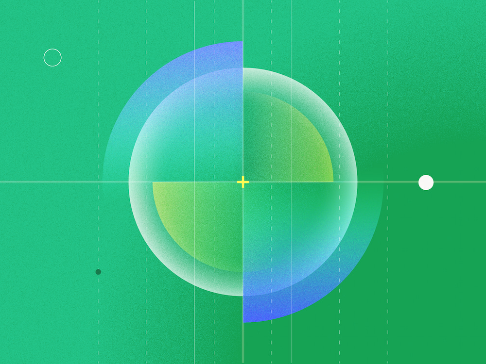 Abstract illustration of overlapping blue and green spheres on a grid, suggesting alignment and precision