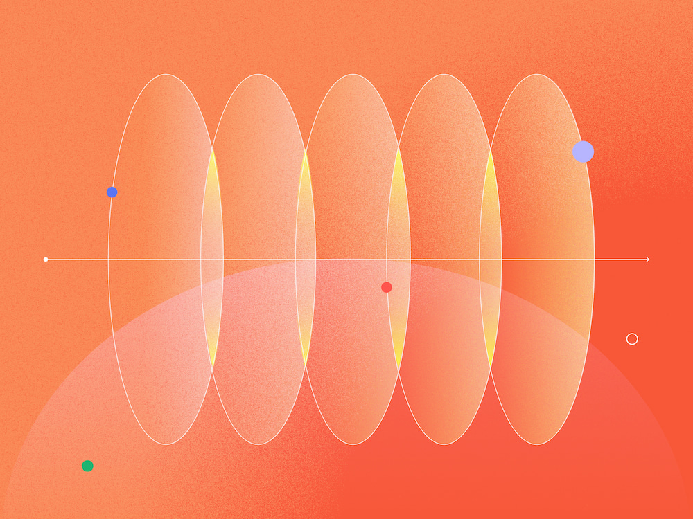 Abstract illustration of repeating translucent oval forms on an orange background, suggesting rhythm and scale