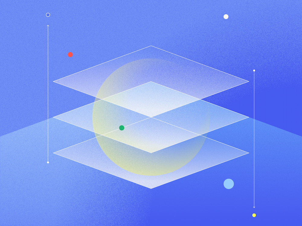 Abstract illustration of layered translucent planes intersecting a sphere on a blue background, suggesting structured data