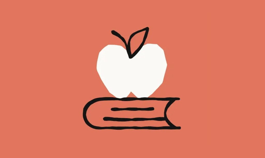 Line illustration of an apple and open book symbolizing teaching and learning.