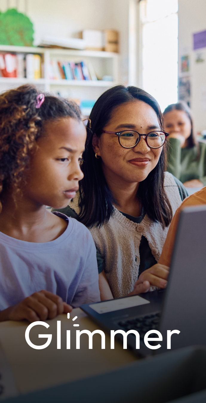 Teacher and student looking at a laptop together in a classroom, with the Glimmer logo