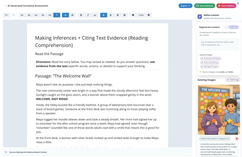 Screenshot of a Journify AI-generated reading assessment on inference-making and citing text evidence.