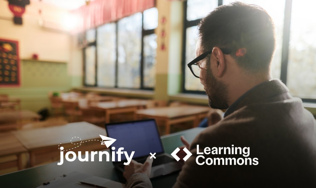 Special education teacher reviewing AI-generated materials on a laptop showing the Journify and Learning Commons logo.