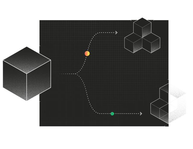 Illustration of a path branching from one cube into two outcomes, representing iterative testing and refinement