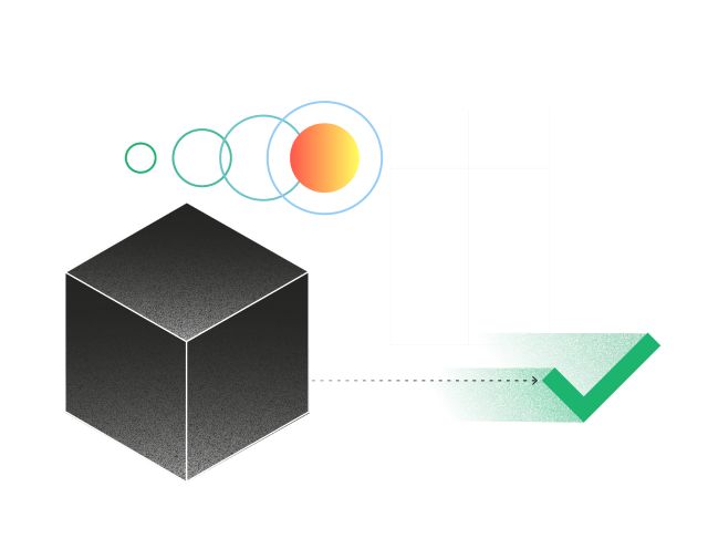 Illustration of a cube with concentric circles leading to a checkmark, representing a validated quality outcome