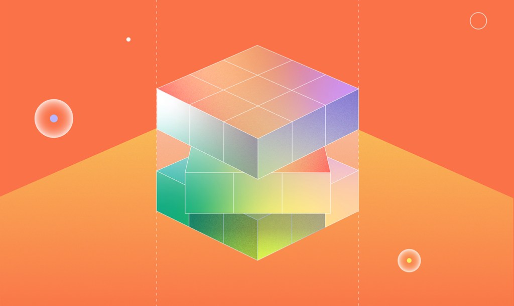 Translucent gradient cube with a shifted middle layer on an orange background, representing layered durable skills